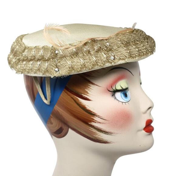 Vintage 50s Platter Hat Dark Ivory w Ruffle and Rhinestones 10" Across - Hey Viv - Picture 3 of 7